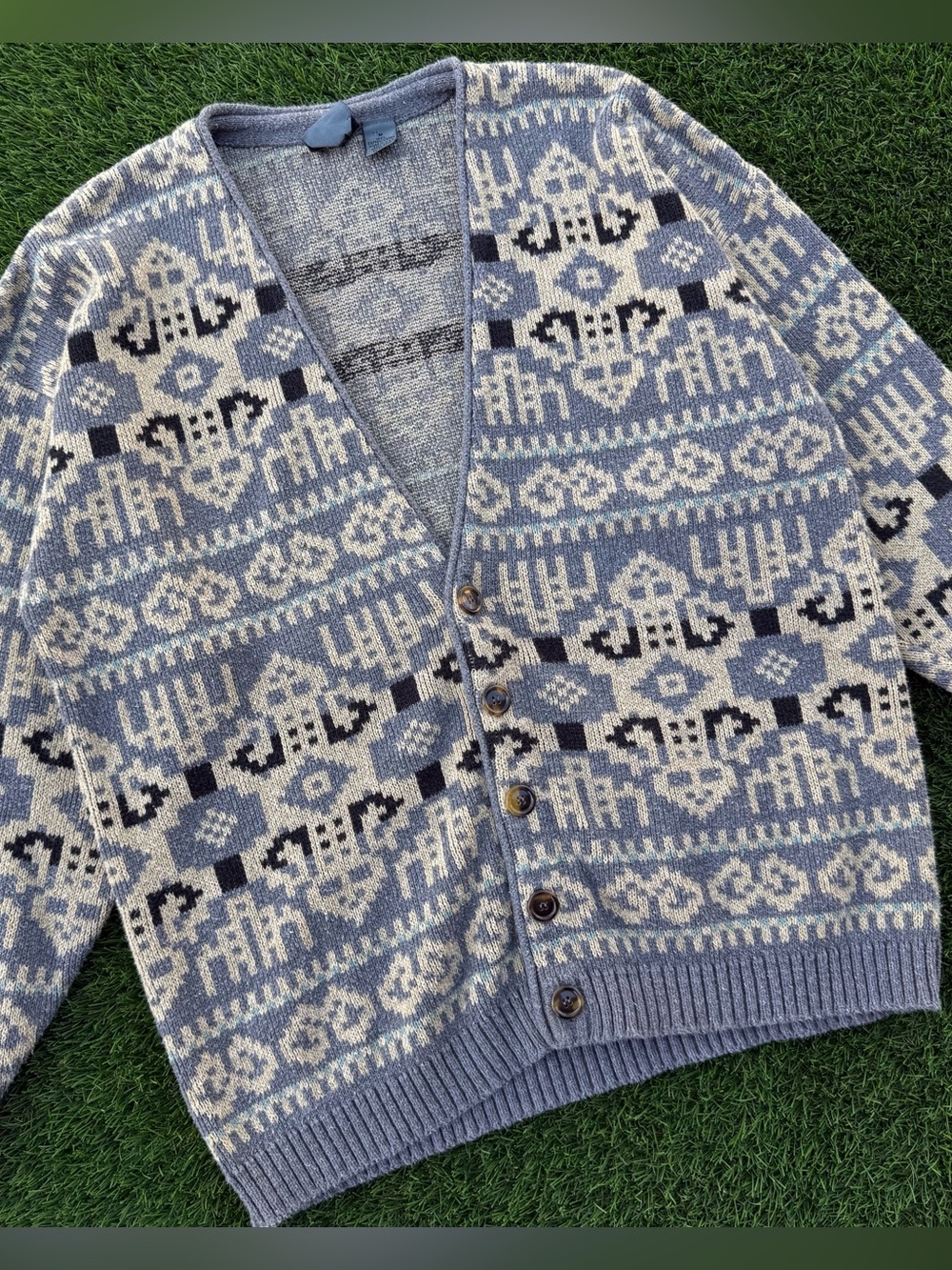 Vtg 90s Liz Claiborne LizWear Women's Cardigan Geometric Cream Sweater Sz Medium - Picture 3 of 6